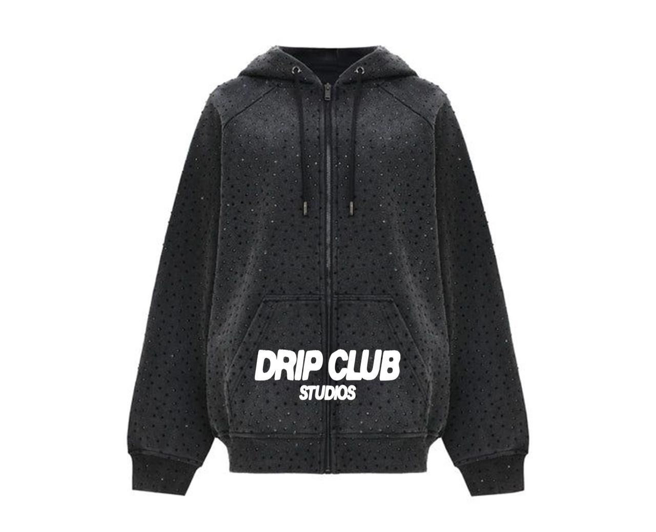 Hoodie ZipStone negro Drip Club frente - sudadera con cierre stone wash Costa Rica