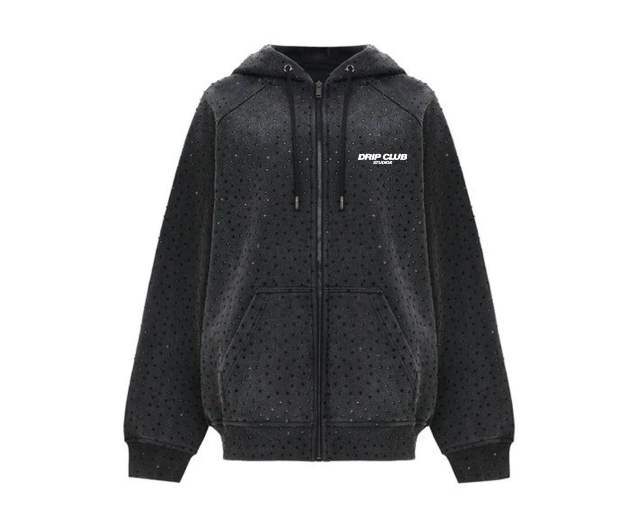 Hoodie ZipStone negro y blanco Drip Club frente - sudadera cierre bicolor Costa Rica