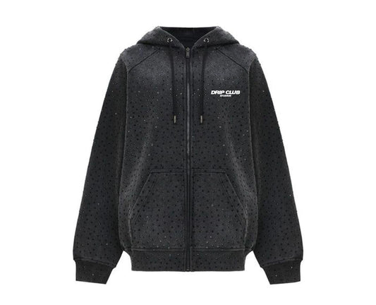 Hoodie ZipStone negro y blanco Drip Club frente - sudadera cierre bicolor Costa Rica