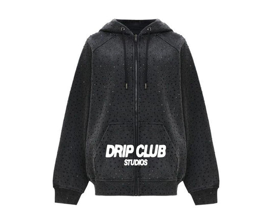 Hoodie ZipStone negro Drip Club frente - sudadera con cierre stone wash Costa Rica